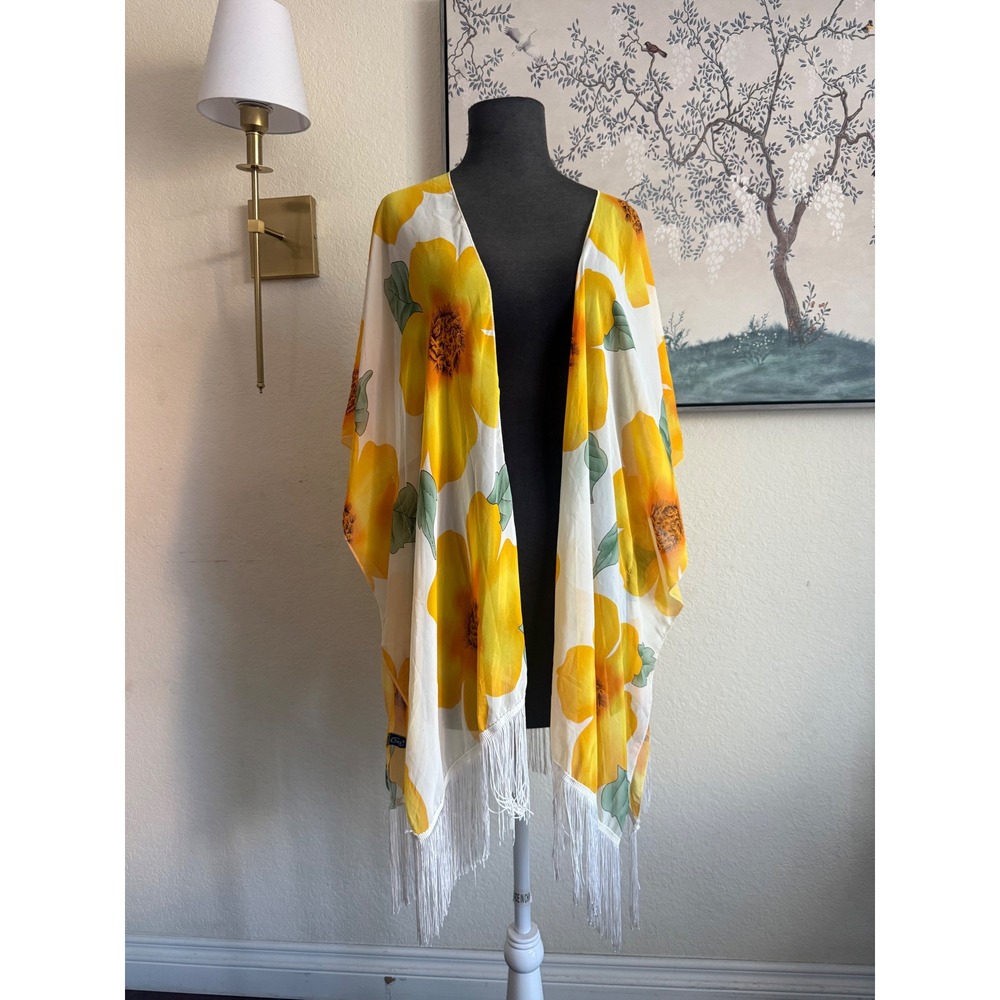 Floral Kimono Wrap Yellow Sunflower Print Fringe Trim Sheer‎ Summer Coverup OS